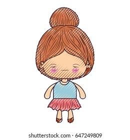 colored crayon silhouette of kawaii little girl with collected hair and facial expression sad vector illustration