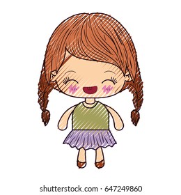 colored crayon silhouette of kawaii little girl with braided hair and facial expression laughing vector illustration