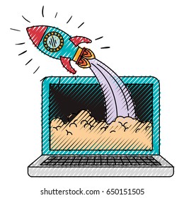 colored crayon silhouette of laptop computer and space rocket vector illustration