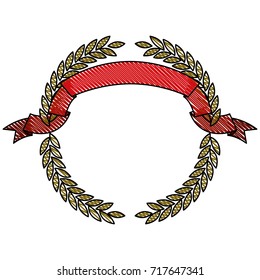 colored crayon silhouette olive branches forming a circle with ribbon on top vector illustration