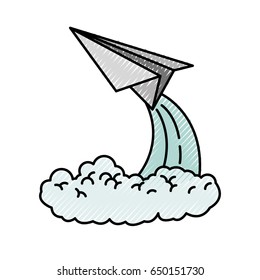 colored crayon silhouette of paper plane launch vector illustration