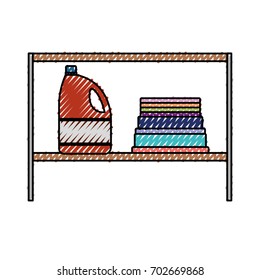 colored crayon silhouette of rack with bleach clothes bottle and folded towels vector illustration