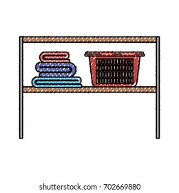 colored crayon silhouette of rack with folded towels and laundry basket vector illustration