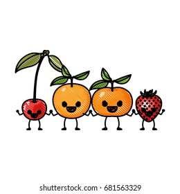 colored crayon silhouette set fruits cherry strawberry tangerine and orange in caricature vector illustration