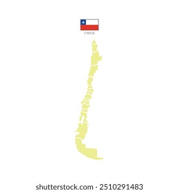 Colored (creamy) silhouette map of Chile with the outline of regions. Vector illustration with a flag.