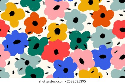 Colored creative decorative flowers in scandinavian style seamless pattern. Template for fabric, textile. Grunge hand draw flowers in scandinavian style seamless pattern.Vector brush stroke background