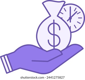 Colored Credit Icon. Vector Icon of Bag with Money on Hand and Clock. Loan Payment, Fast Money, Instant Loan. Accounting Concept
