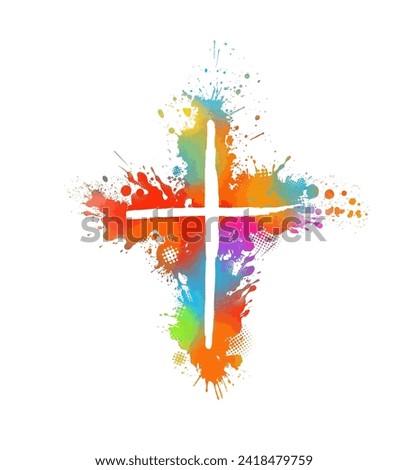 colored cross of blots. Happy easter. hand drawing. Not AI, Vector illustration