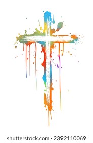 cruz de color hecha de manchas. Feliz Pascua. dibujo a mano. No IA, ilustración vectorial