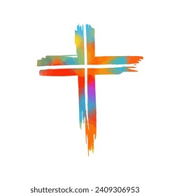 colored cross made of blots. Happy easter. hand drawing. Not AI, Vector illustration