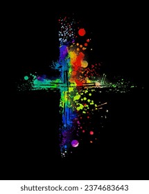 cruz de color hecha de manchas en un fondo negro. Feliz Pascua. dibujo a mano. No IA, Illustrat3. Ilustración del vector