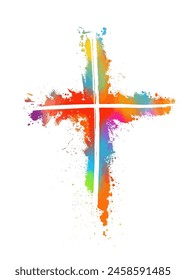 cruz de colores. Cruz hecha de manchas de arco iris. Feliz Pascua. Ilustración vectorial