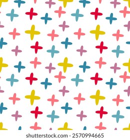 Colored crosses seamless pattern, vector background. Ideal for fabric, textile, baby bedding, wallpaper, pajamas. Scandinavian style.
