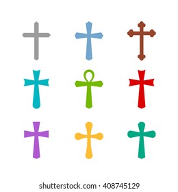 Colored crosses silhouette icons set. Different forms. Isolated on a white background. Vector illustration.