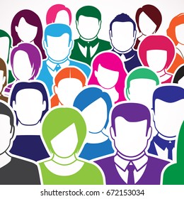 colored crowd of anonymous people, vector illustration of society members with a crowd of men and women. population. urban lifestyle concept.