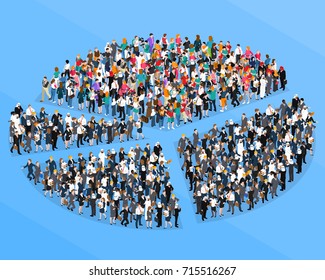 Colored crowd people isometric pie chart composition with people who organized flash mob vector illustration