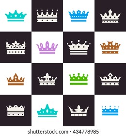 Colored crown icons set. Different forms. Vector illustration.