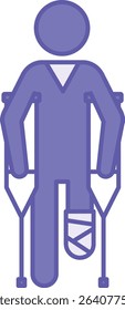Colored Crutches Icon. Vector Illustration. Man With Leg Cast Moves On Crutches. Injury, Illness, Medicine. Disability Concept