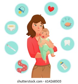 Colored crying baby reasons composition with round icon set that list the why he is crying vector illustration