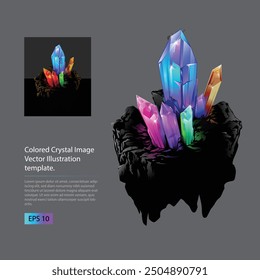 Colored Crystal Image Vector Illustration.
Shiny magic stones, gems and fantasy minerals set. Glowing topaz, garnet and diamond, ruby, brilliant and emerald in vector.
