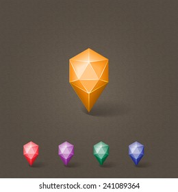 Colored crystal location map straight pin icon for web internet site or application software. Glossed crystal button with shadow and reflection on brown seamless backgrounds.