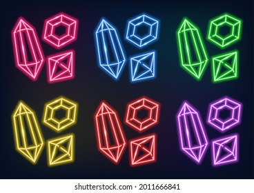 Colored crystals in neon style. Glowing lines on a dark background. Fireplaces and jewelry.