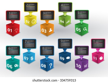 Colored Cube 3D with Speech Bubbles, Number and Business Icon, Text Information, 11 Options, Vector Illustration.