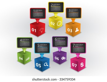 Colored Cube 3D with Speech Bubbles, Number and Business Icon, Text Information, 7 Options, Vector Illustration.