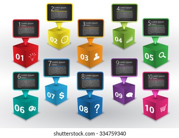 Colored Cube 3D with Speech Bubbles, Number and Business Icon, Text Information, 10 Options, Vector Illustration.