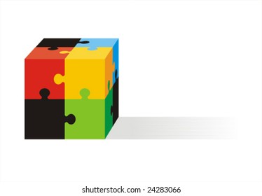 Colored cube formed by three-dimensional jigsaw pieces on a white background. Easy-to-edit vector colors.