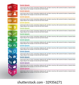 Cubos en color 3D con número e icono empresarial, información de texto, 12 opciones, ilustración vectorial