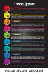 Colored Cubes 3D with Number Options on Black Background, Colorful Lines, 9 Options Template, Vector Illustration.