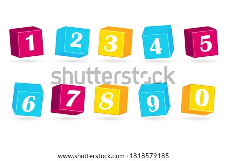 Colored cubes with numbers 1 2 3 4 5 6 7 8 9 0. Color blocks. Objects for web banners. Text template. Vector illustration flat design. Isolated on white background.