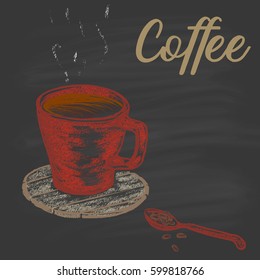 Colored a cup of coffee on a wooden stand and a spoon with grains of coffee drawn chalk on a black board with text. Workpiece for the menu