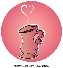 Colored cup of hot aromatic coffee or tea with vapor in the form of heart hand-drawn. Vector illustration.