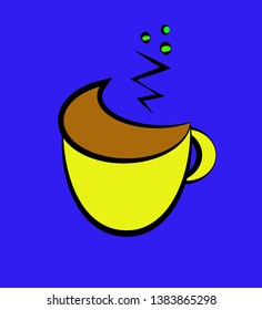 A colored cup of hot coffee, depicted on a colored background.