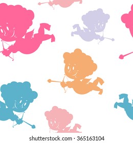 Colored Cupids seamless ornament. Silhouettes of cute Angel seamless pattern. Romantic texture for feast of St. Valentines day 14 february.
