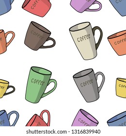 Colored cups with coffee seamless pattern on a white background vector illustration.