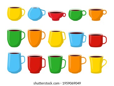 Colored cups mockup filled coffee. Different shape and color tea mugs red, green, yellow template for design logo for shop. Simple Cup cartoon style with space. Isolated on white vector illustration