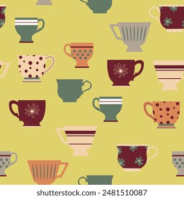 colored cups Seamless pattern from different. Tea, coffee, drinks. Perfect for wallpapers, gift paper, greeting cards, fabrics, textiles, web designs. Hand-drawn. Vector illustration.
