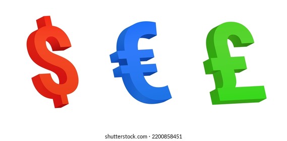 Colored currency symbols. Volume 3d signs of red dollar and blue euro green pound sterling banking currency economic yellow vector wealth design