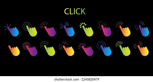 Los dedos de los cursores coloreados se fijan. Diseño informático. Ilustración vectorial.