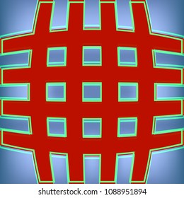 A colored, curved grid of red stripes on a blue gradient background. Vector, abstract composition.