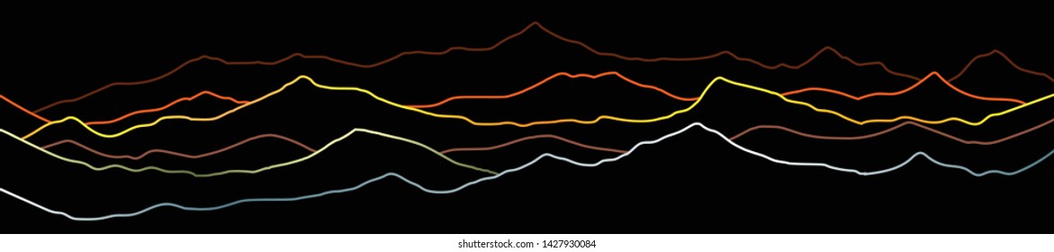 Colored curved lines on a black background, imitation of mountain ranges. Vector design, minimalism.