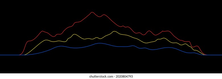 Líneas curvadas de color sobre un fondo negro, imitación de cordilleras. Diseño de vectores, minimalismo.