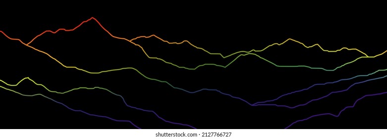 Colored curved lines on a black background, imitation of mountain ranges. Vector design, minimalism.