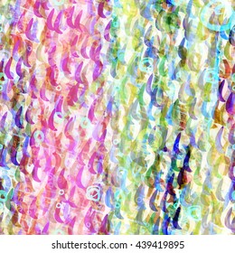 Colored curved spots. Light backdrop from a variety of spots and stripes. Abstract seamless vector pattern. High detail. Easy editing. For fabrics, printing, wrapping paper. Watercolor effect. 