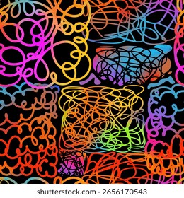 colored curvy brush stroke waves seamless pattern on a black background, fabric, textile, wrap, surface, web and print design. hand drawn. Not AI, Vector illustration.