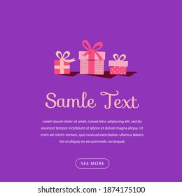 Colored cut vector gift box on the purple background with place for text. Good for greeting card, sertificate, banner, poster. Minimalistic style