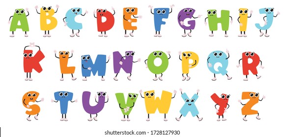 colored cute cartoon letters of the English alphabet with big eyes, with arms and legs in different poses on a white background in isolation